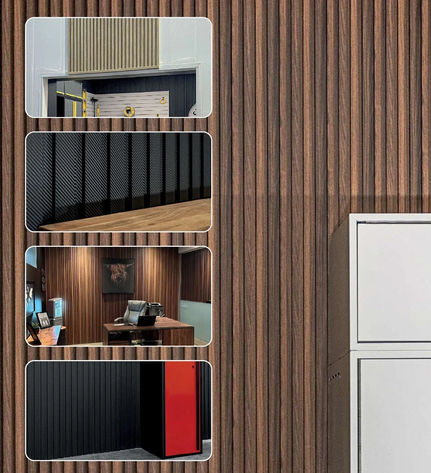 Explore versatile design configurations using ProSlat ProPanel slatted walls across distinct spaces, including upscale executive offices, tool workspaces, and modern garages