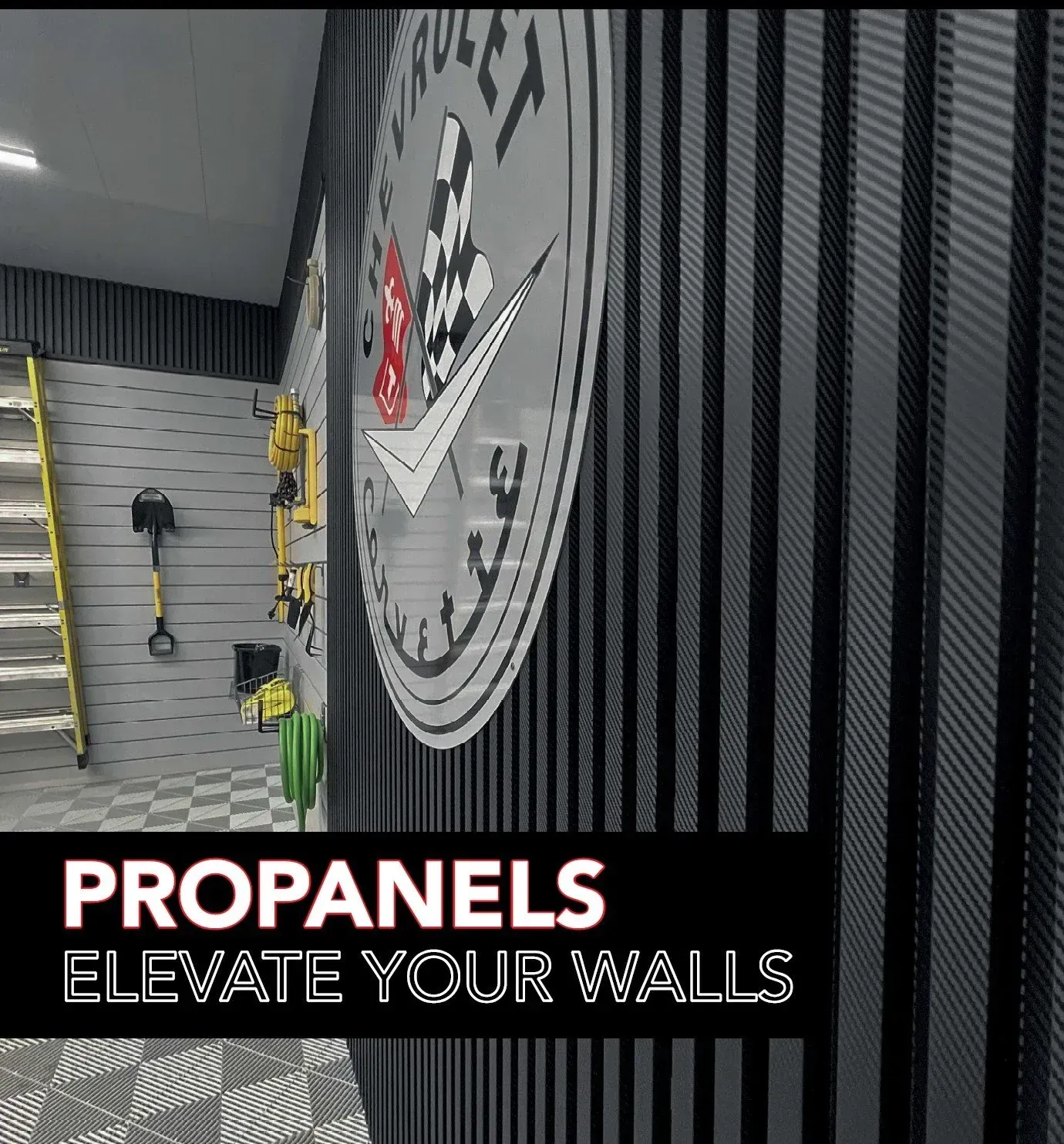 Elevate your vehicle sanctuary with carbon fiber-textured vertical slats from the ProSlat ProPanel collection, perfectly paired with a custom Corvette emblem wall sign.