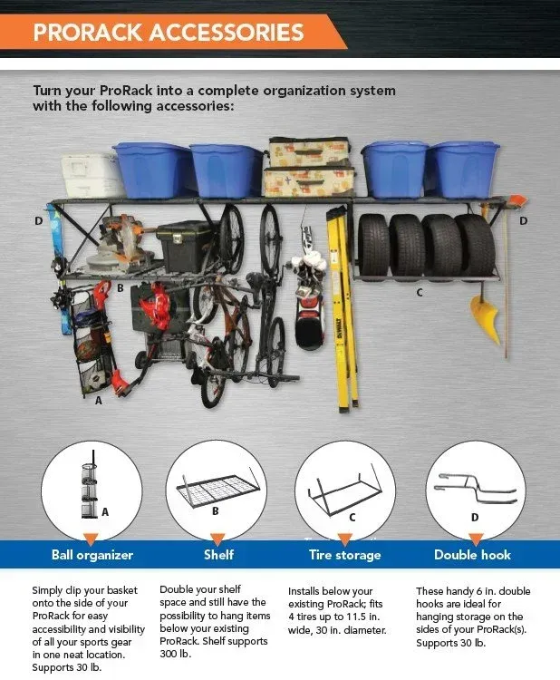 Customize your storage configuration using official ProSlat Rack Accessories components, featuring clip-on sports ball organizers, secondary drop-down shelving, dedicated seasonal tire storage racks, and heavy-duty utility double hooks