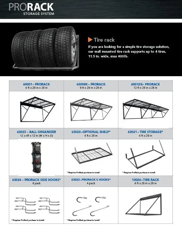 Review individual storage product specifications in the ProSlat Racks  catalog, showcasing wall-mounted tire rack options, multi-size wire frames, side hooks, and basket organizers