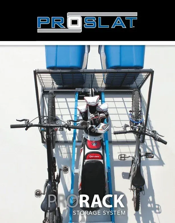 Maximize your vertical garage walls with the ProSlat Racks  storage system, efficiently organizing heavy blue plastic tubs on top while hanging bicycles, golf clubs, and extension ladders below