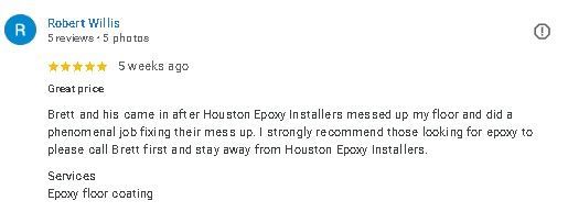 Screenshot of a Google review praising service, with 5 stars and blue profile icon