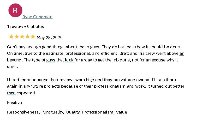 Screenshot of a 5-star business review praising professionalism, punctuality, quality, and value.