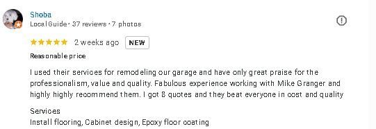 Google review praising a remodeling service, with a 5-star rating and highlighted testimonial text.