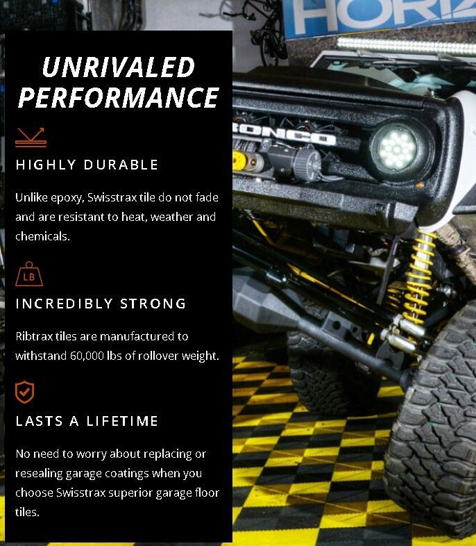 See this SwissTrax photo to learn how Swisstrax eliminates hot tire pick-up, peeling, and UV yellowing compared to epoxy, available from Global Garage Flooring & Design of Houston