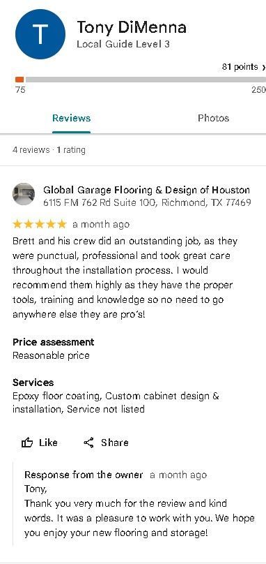 Facebook review screen for Tony DiMenna’s Local Guide profile showing a 5-star review and text feedback