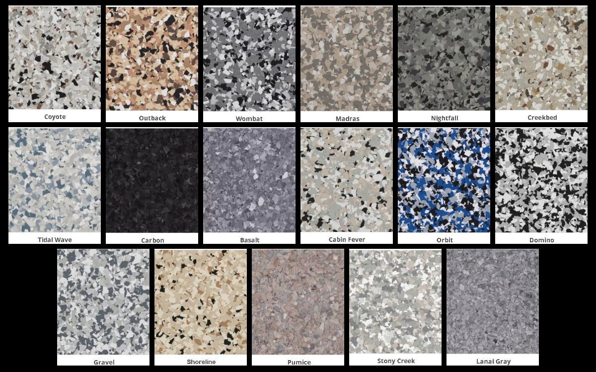 Browse the full selection of polymer flake garage floor coating color palettes in Flake color options.jpg, including dynamic finishes like Coyote, Outback, Wombat, Madras, Nightfall, Creekbed, Tidal Wave, Carbon, Basalt, Cabin Fever, Orbit, Domino, Gravel, Shoreline, Pumice, Stony Creek and Lanai Gray