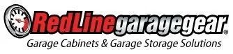RedLine garage gear logo with red and black text and a clock icon, plus “Garage Cabinets & Garage Storage Solutions” tagline