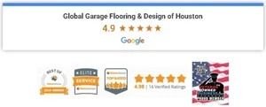 Global Garage Flooring & Design of Houston, 4.9-star Google rating with award badges and U.S. flag icon