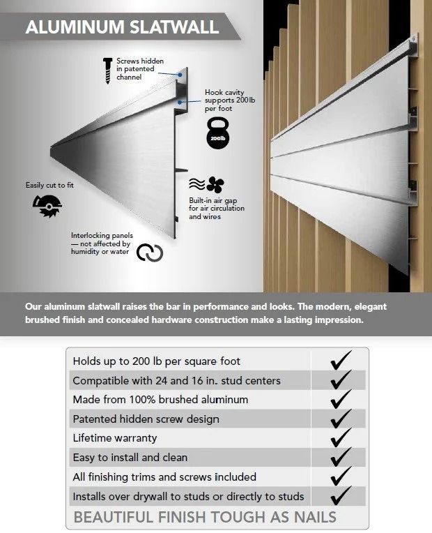 Aluminum slatwall product ad showing wall panel, features, and checkmarked benefits; beige and silver design.