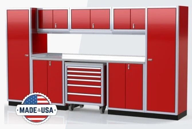 Red modular garage cabinet set with red and silver storage, workbench, and Made in USA badge