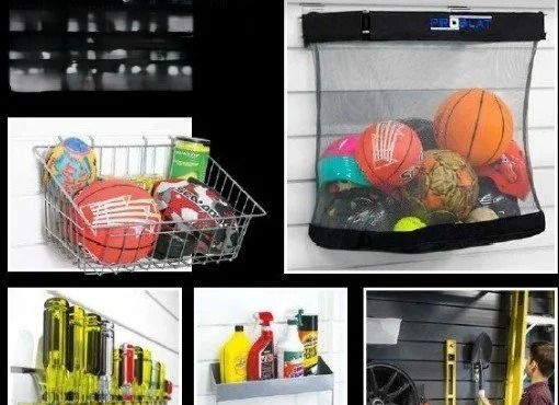 Collage of mesh storage baskets and hanging organizers holding sports balls and household items.
