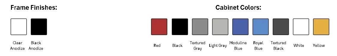 Color and font palette guide with labeled swatches, including red, black, gray, blue, and yellow.