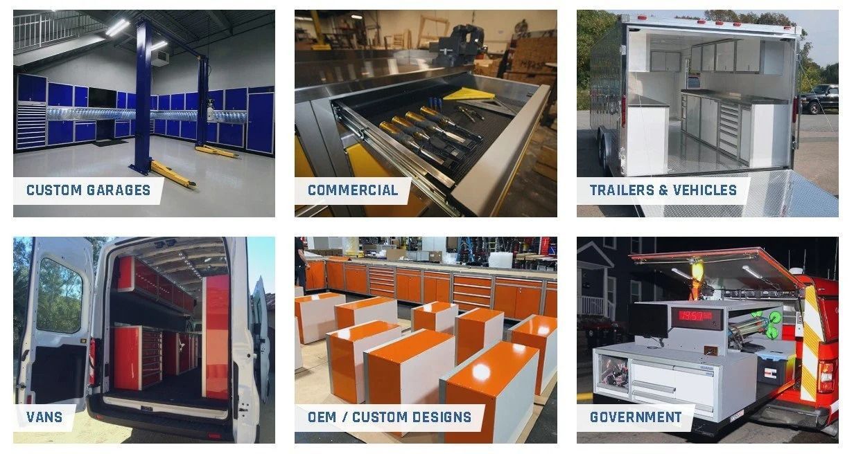 Six photos of industrial trucks and warehouse vehicles, including blue, orange, and red equipment.