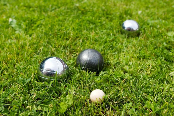 Three balls are sitting in the grass and one is white