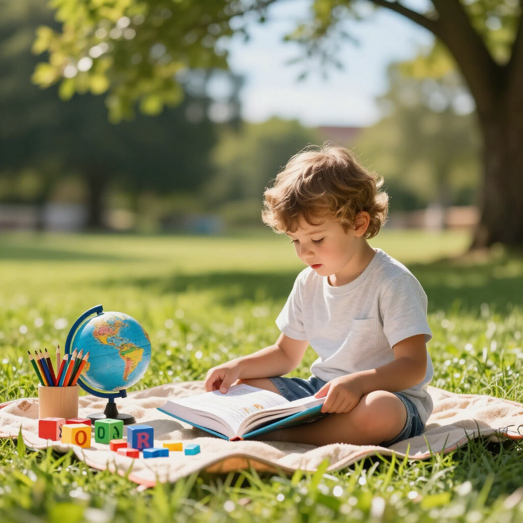 A child engaged in summer learning activities outdoors.