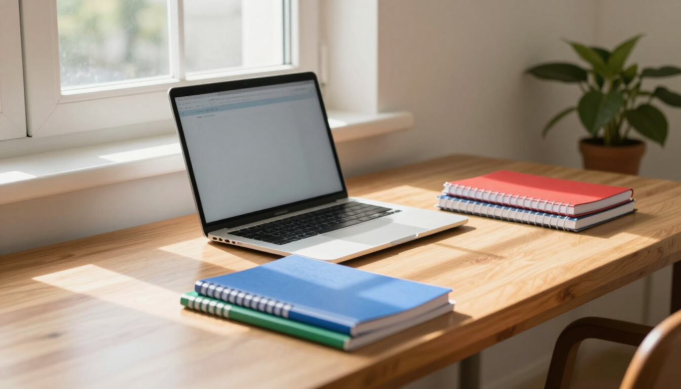 Student studying effectively at home with laptop and books