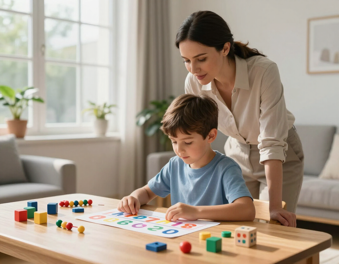 Child using a number line and visual math strategy during tutoring
