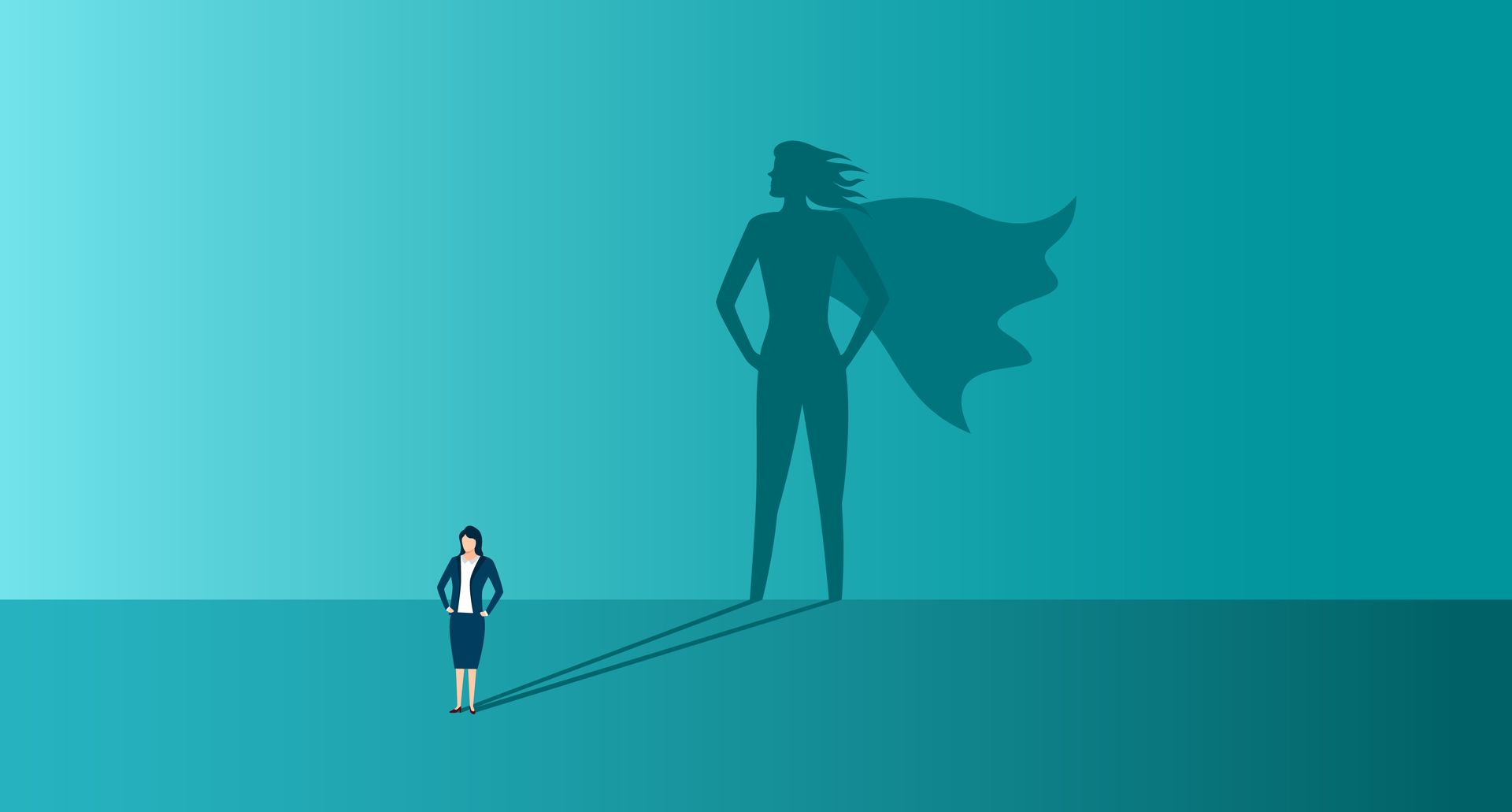 Businesswoman stands, her shadow a superhero with a cape. Teal background.
