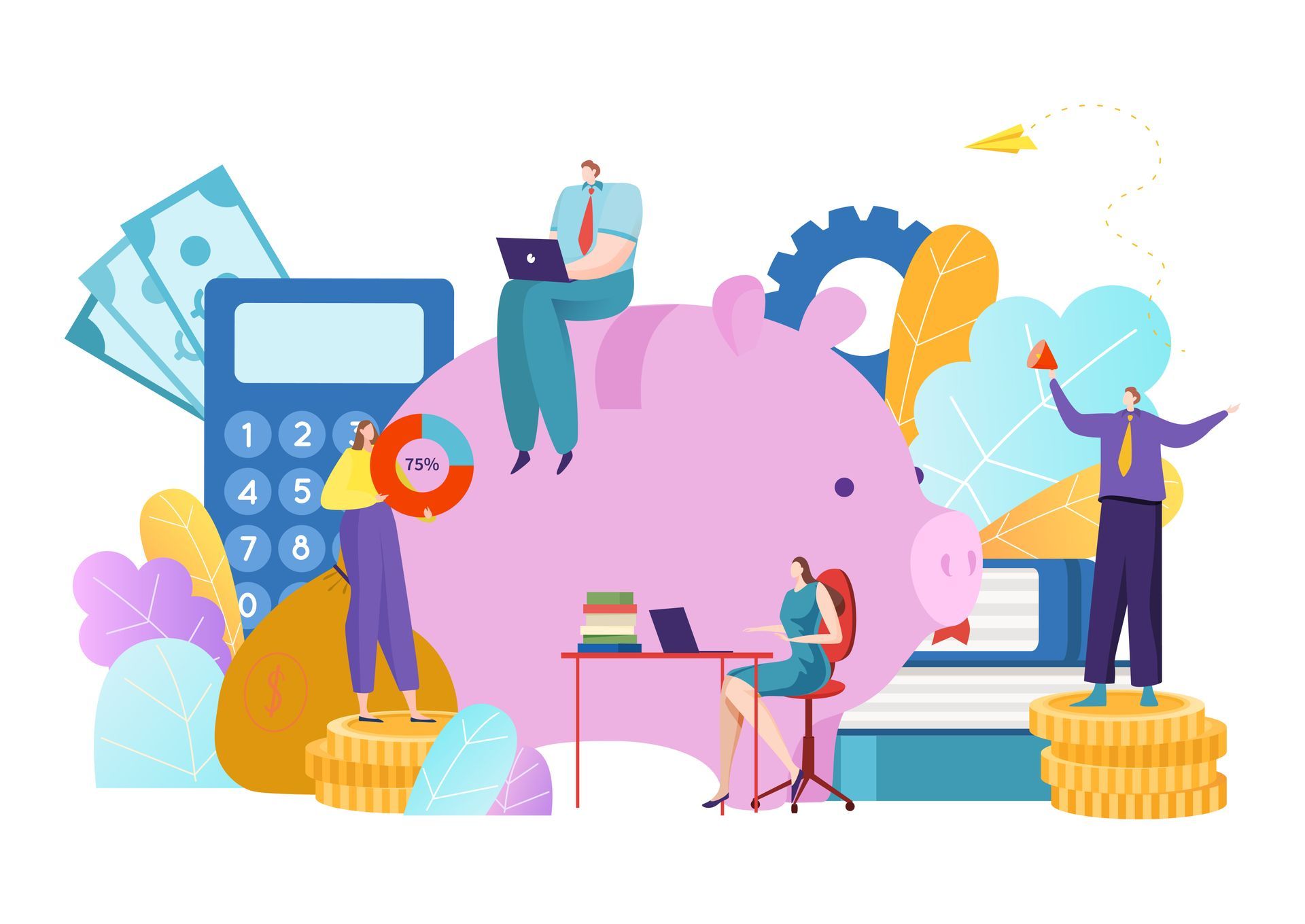 People working around a large piggy bank, with money, calculator, and gears; representing financial planning and savings.