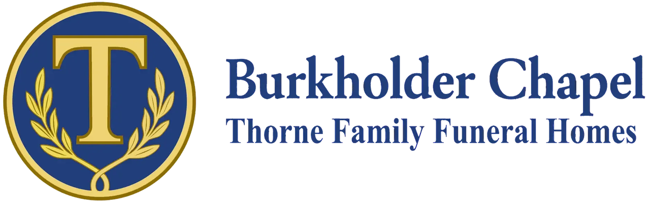 Burkholder Chapel Thorne Family Funeral Homes logo with gold emblem and blue text