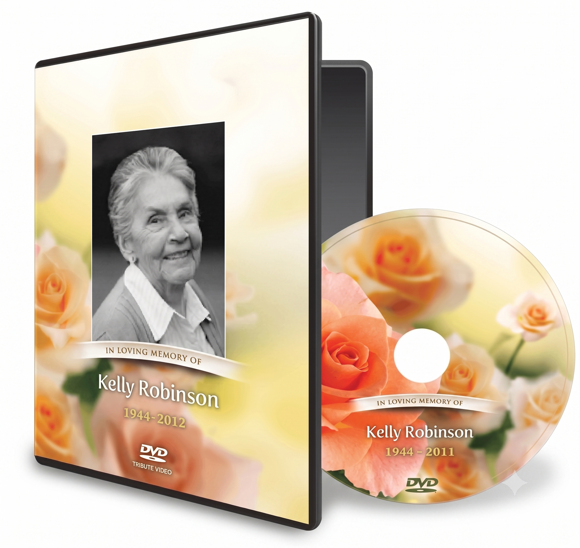 DVD case and disc with floral design and a black-and-white portrait labeled Kelly Robinson