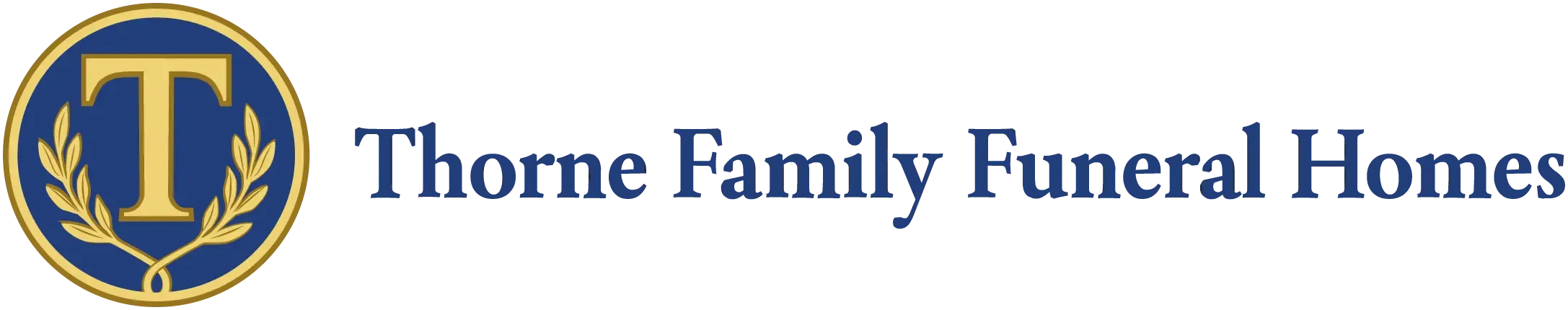 Thorne Family Funeral Homes logo with gold and blue circular emblem and text on white background
