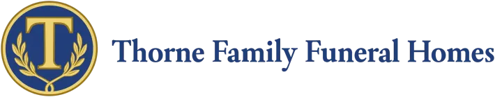 Thorne Family Funeral Homes logo with gold and blue circular emblem and text on white background
