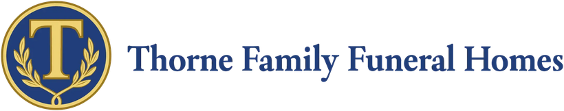 Thorne Family Funeral Homes logo with gold emblem and blue text on a white background