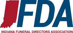 Indiana Funeral Directors Association logo with blue FDA letters and red Indiana silhouette