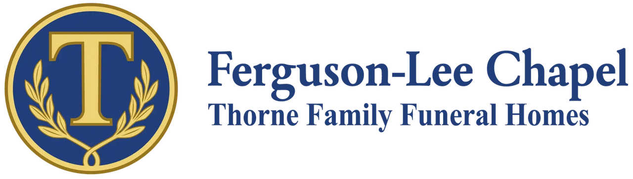 Ferguson-Lee Chapel Thorne Family Funeral Homes logo with gold T emblem on blue background