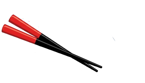 Two red-and-black chopsticks crossed on a white background