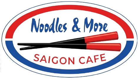 Noodles & More Saigon Cafe logo with red, blue, and white oval design and chopsticks above text