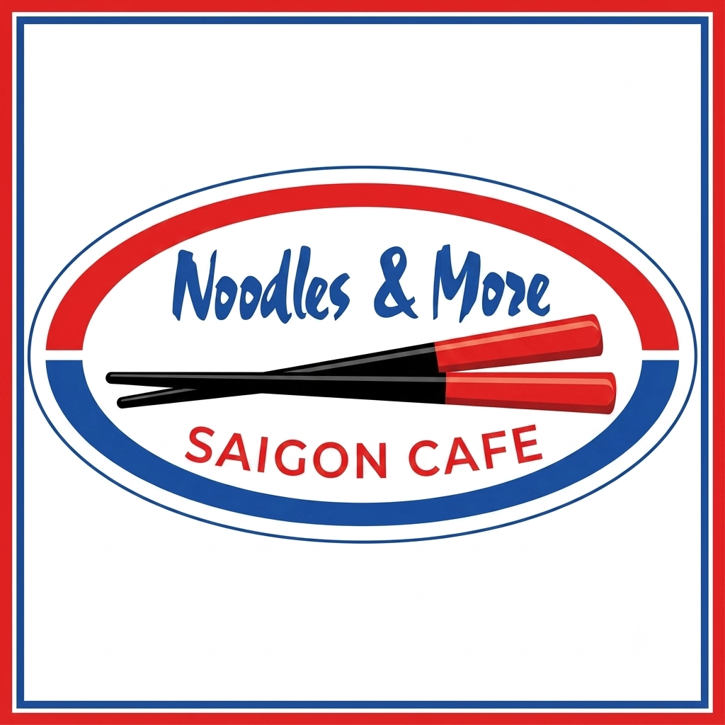 Noodles & More Saigon Cafe logo with red and blue oval, crossed chopsticks, and restaurant name