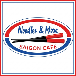 Noodles & More Saigon Cafe logo with red and blue oval, crossed chopsticks, and restaurant name