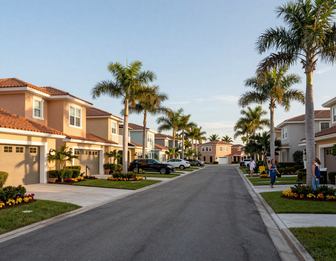 Well-maintained residential street in Gatherpoint, Ave Maria FL showing manicured landscaping and consistent home exteriors