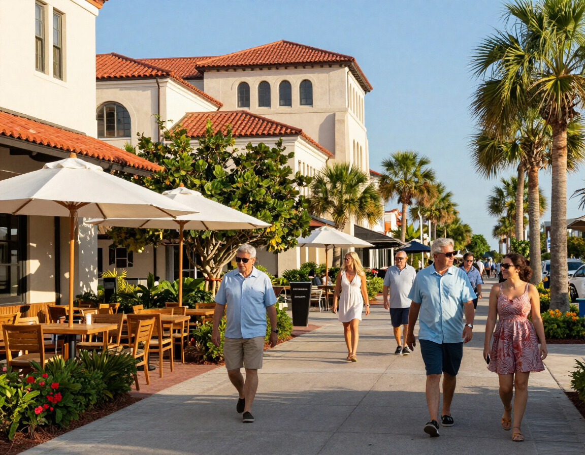 Downtown Ave Maria Florida street scene with pedestrians, outdoor dining, and the Ave Maria University basilica in the background
