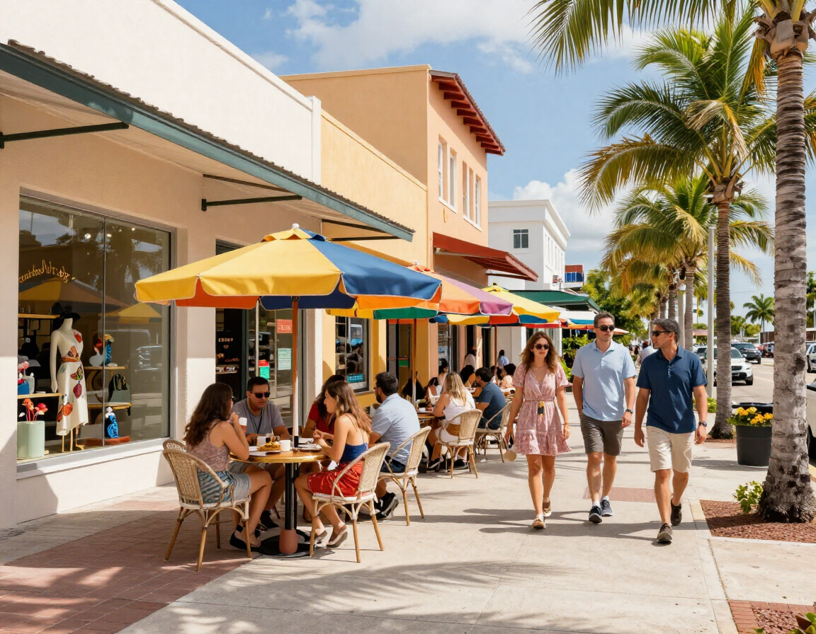 Downtown Ave Maria Florida with al fresco dining, boutique shops, and pedestrians on a sunny afternoon
