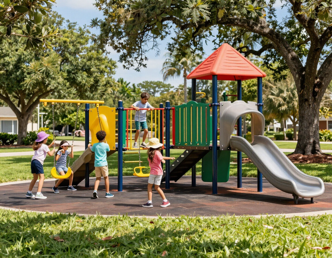 Children playing at one of Ave Maria's beautifully maintained parks with green lawns and playground equipment