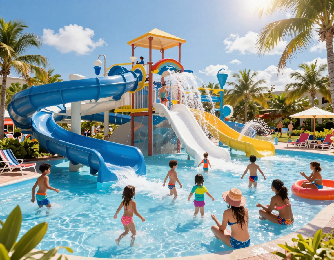 Families enjoying the Ave Maria Water Park in Florida with slides and splash zones