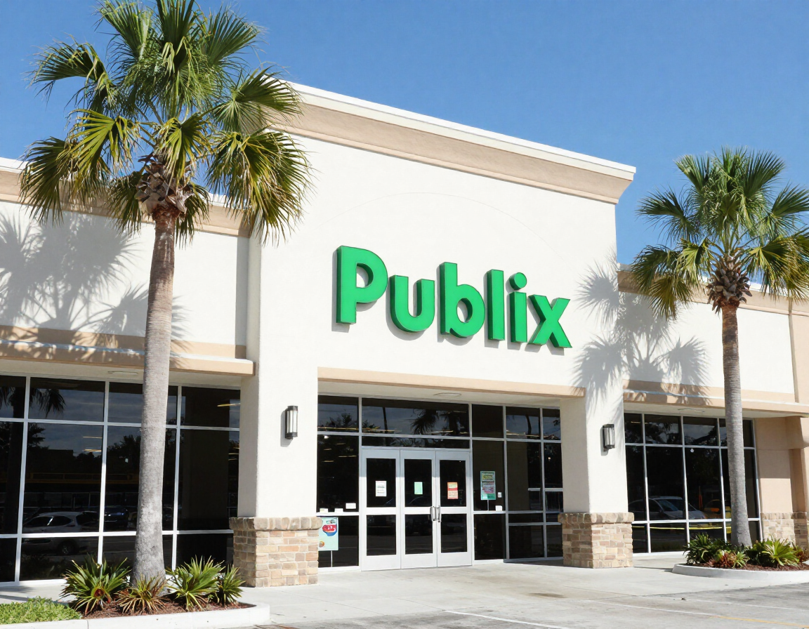 Publix supermarket near Gatherpoint Ave Maria Florida with palm trees and blue sky