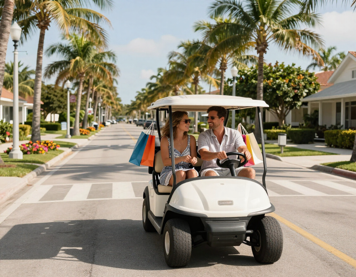 Couple riding a golf cart through a palm-lined boulevard in Ave Maria Florida with shopping bags, enjoying car-free community living