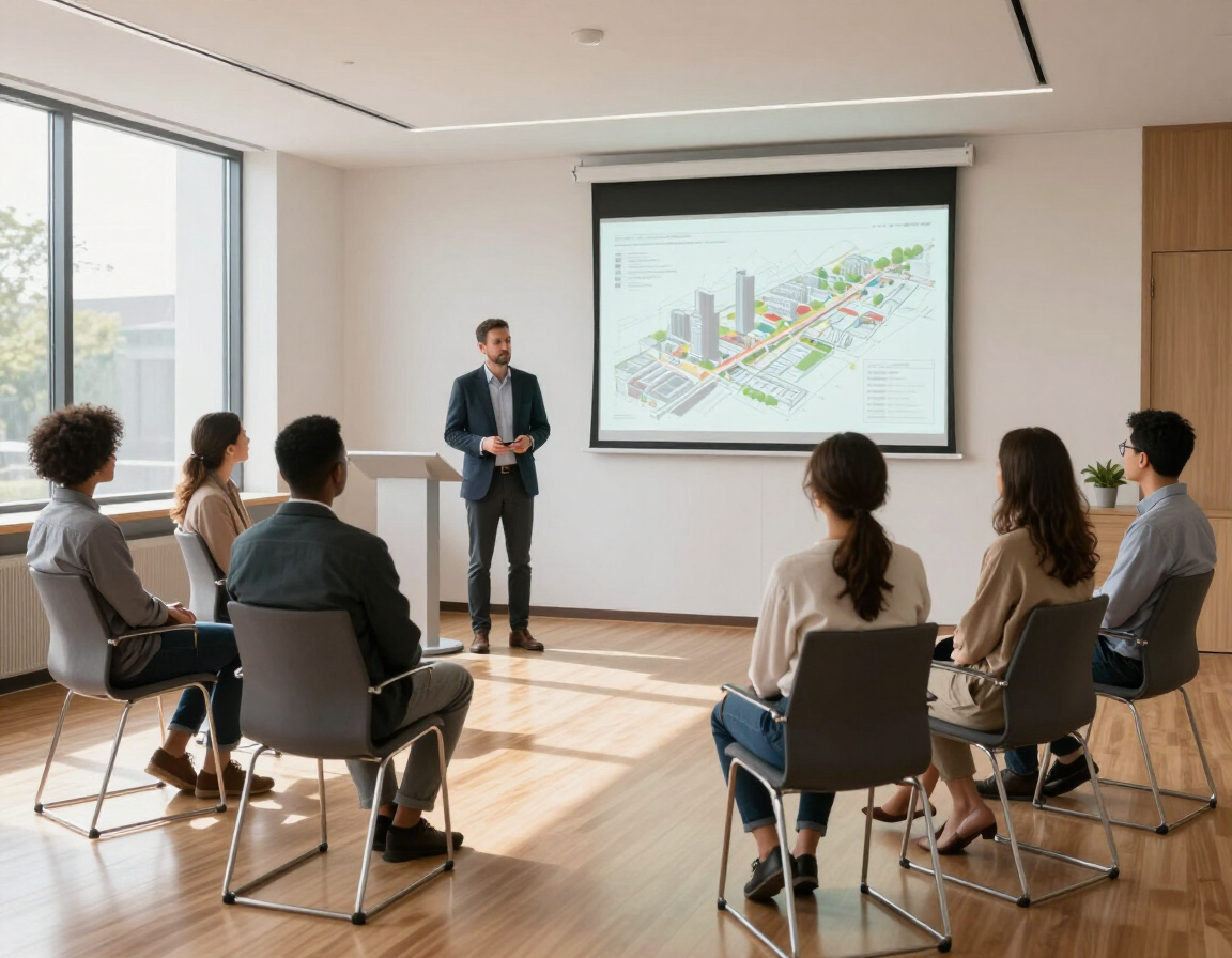 Gatherpoint HOA board meeting with residents and a presenter in a modern community room
