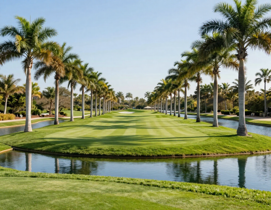 Panther Run Golf Course in Ave Maria Florida with lush fairways and palm-lined water features