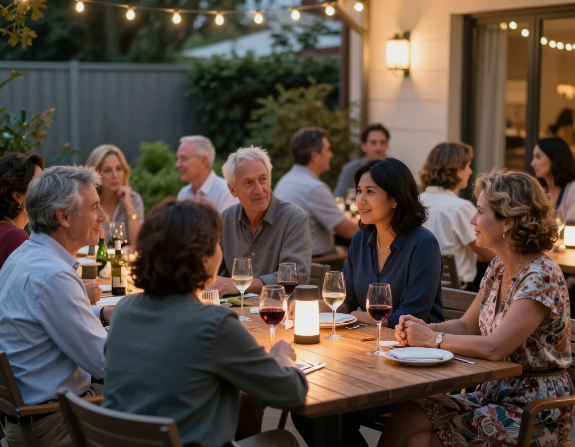 Neighborhood social night at the Gatherpoint community room patio with residents gathering outdoors