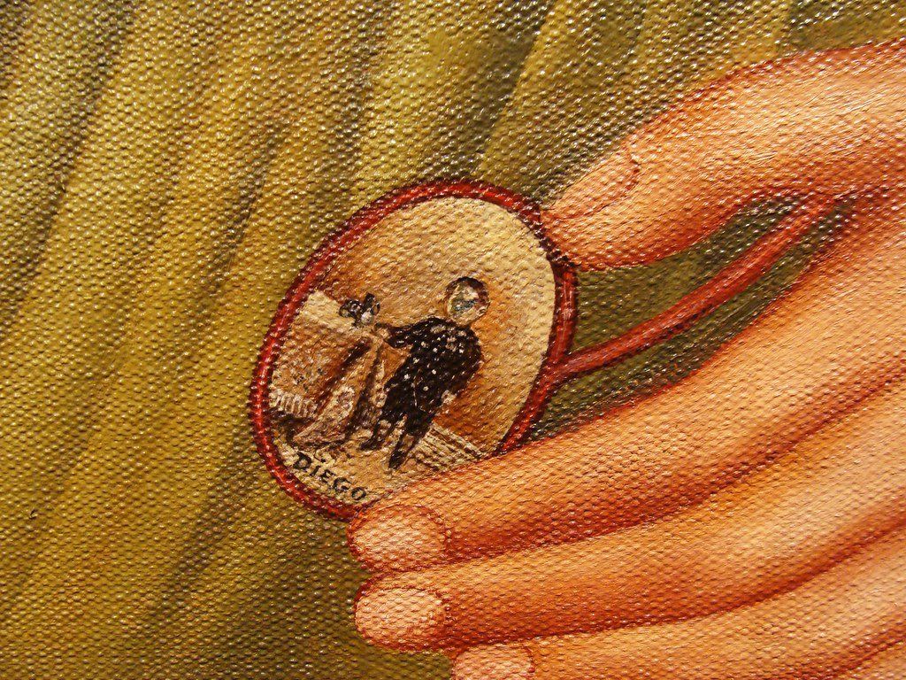 Closeup of the portrait in the hand of the Frida on the right in The Two Fridas.