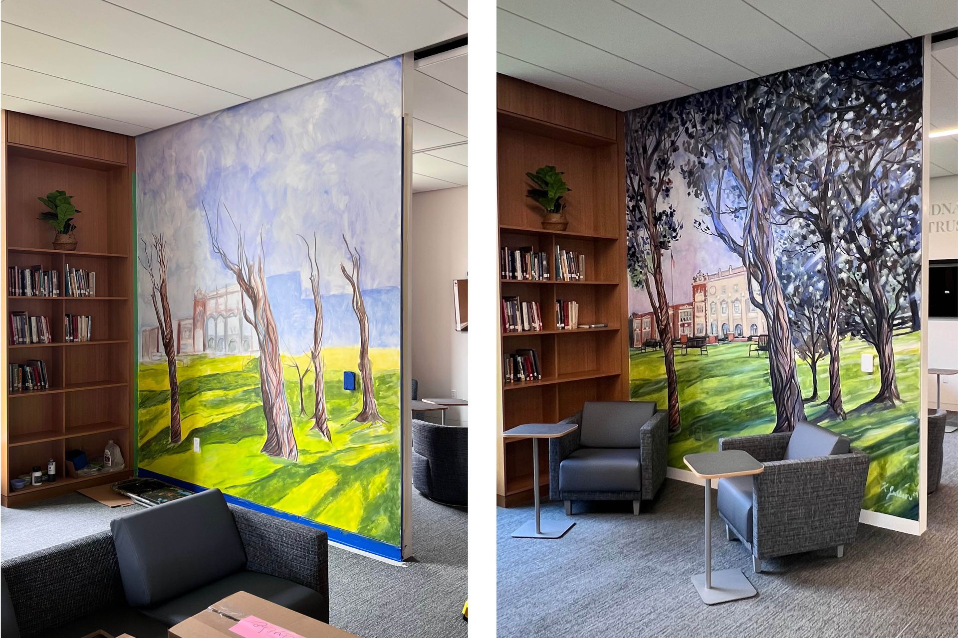 Artist, Katie Jensen's, progress of Campus Courtyard mural