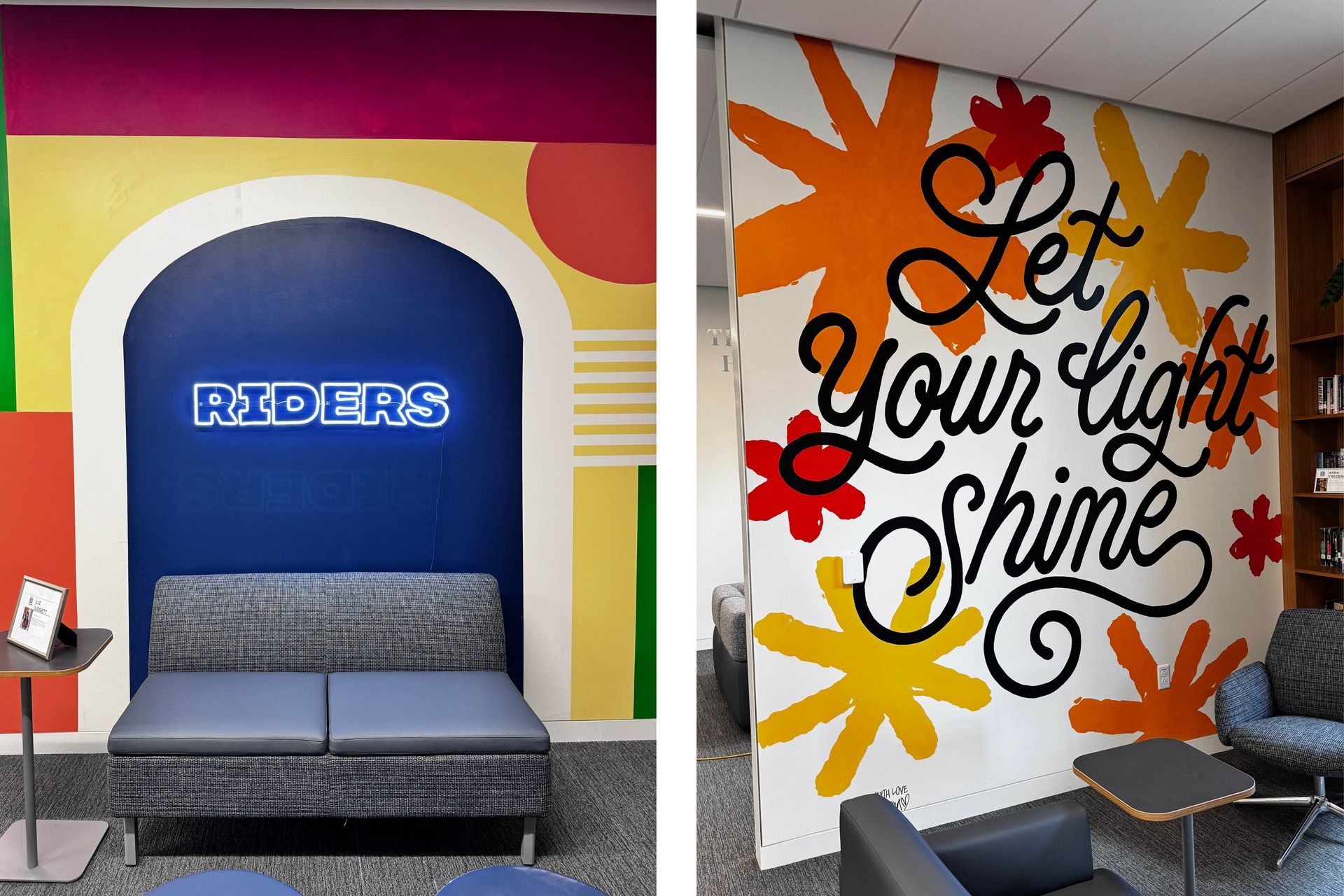 Murals by Liz Lidgett (left) and Anna Frederick (right)