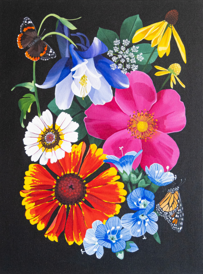 Jenna Brownlee bold flowers and insects on canvas
