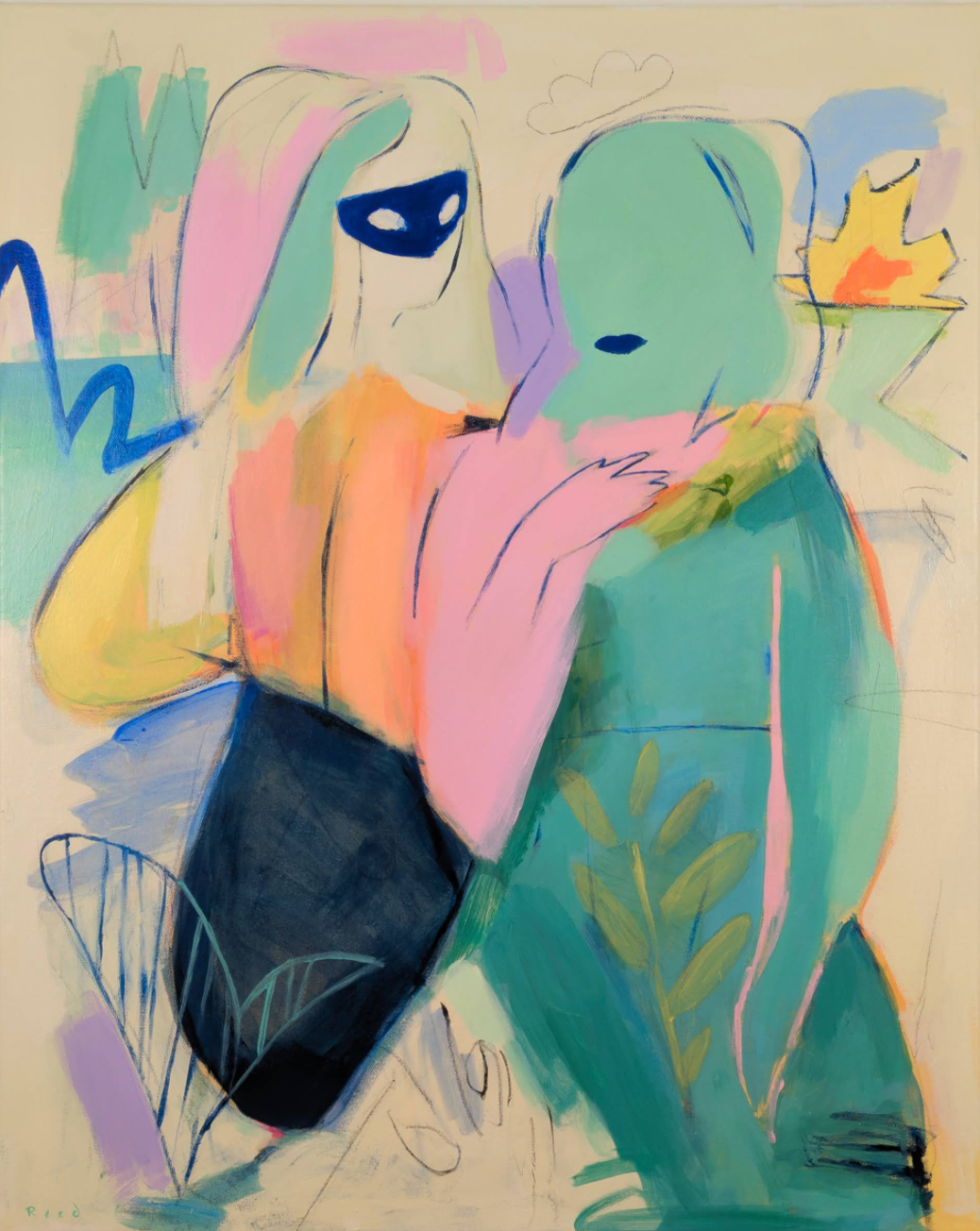 figure abstraction with teal, mint green, pale pink, lavender, and light orange colorations